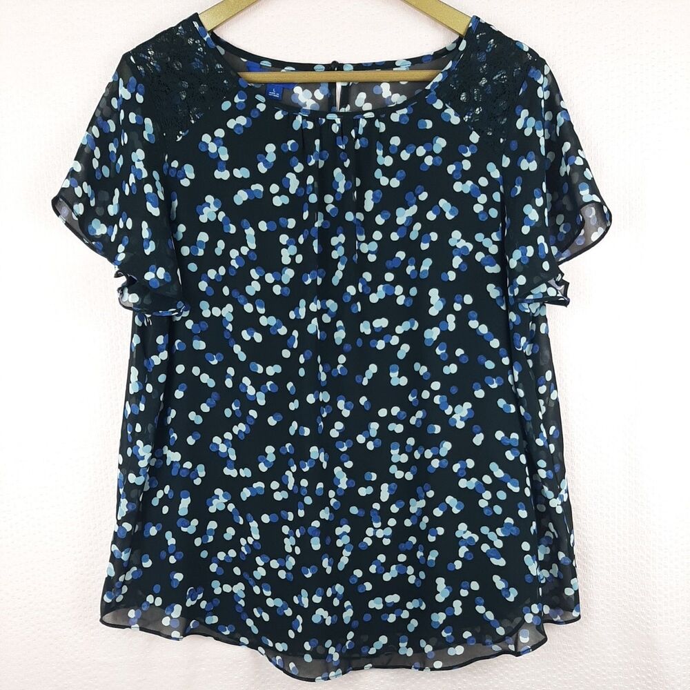 Apt 9 Women Lightweight Short Sleeve Top Lace Shoulders Black Blue Chiffon Sz L